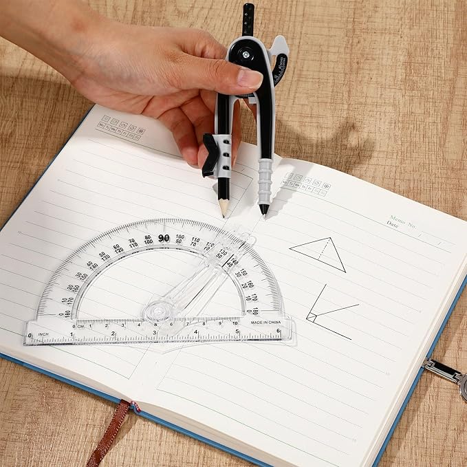 Zonon Student Protractor and Compass Set, Student Geometry Math Set Drawing Compass and 180 Degree 6 Inch Protractor with Swing Arm for Drawing Measuring School Office(Black)
