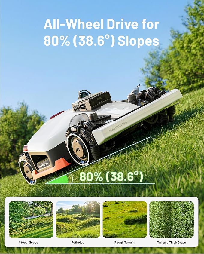 Mammotion LUBA 3 AWD 5000 Robot Lawn Mower with Garage, 1.25 Acres, 360° LiDAR+NetRTK+AI Vision, All-Wheel-Drive for 80% Slopes, 50 Multi-Zone Management, Cutting Height 1.0"-2.7"