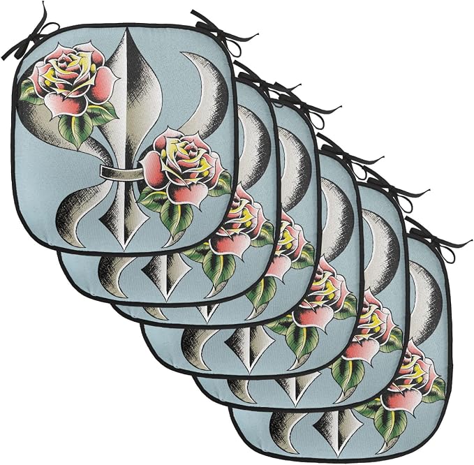 Lunarable Fleur De Lis Chair Cushion Pads Set of 6, Fleur-de-Lis Design with Roses Love Power Ornamental Art, Anti-Slip Seat Padding for Kitchen & Patio, 16"x16", Blue Grey Multicolor