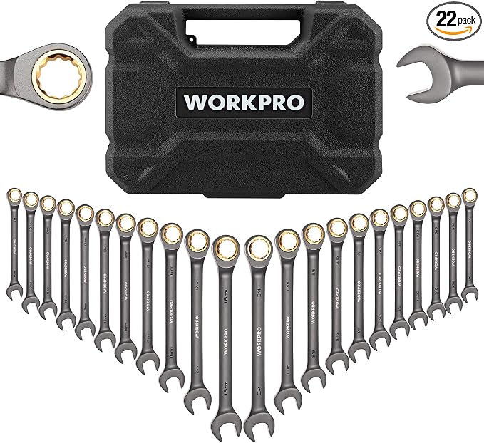 WORKPRO 22 PCS Ratchet Combination Wrench Set with Tool Box, Nickel Plating | with Organizer Box, Metric 6-18mm & SAE 1/4-3/4", 72-Teeth, For Home Project, Auto Repair, Plumbing, Construction, Machinery