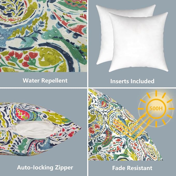 LVTXIII 2 Pack Outdoor Pillows 18x18 Inch, Square Throw Pillows with Inserts, Decorative Water-Repellent Pillow Cushions for Patio Furniture and Garden Sofa, Paradise Paisley