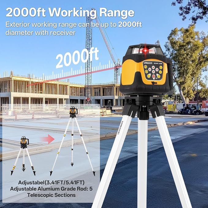 Self-Leveling Rotary Laser Level Kit, Class II ≤ 5 mW Red Laser, 2000 ft Range with Receiver, ±1/8" Accuracy at 100 ft, IP66 Waterproof, Includes Tripod & Grade Rod