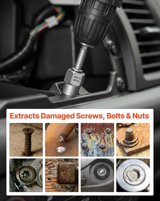 VEVOR 49-Piece Bolt Extractor Kit and Easy Out Screw Extractor Set, Lug Nut Removal Tool with Drill Bit Set for Removing Damaged, Frozen, Broken, Rusted, Rounded-Off Bolts, Nuts & Screws, Adapters
