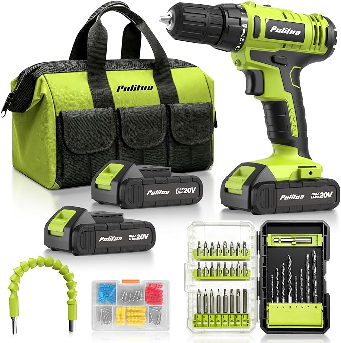PULITUO 20V Max Cordless Drill/Driver Set with Storage Bag, 2 Batteries, 30Nm, 21+1 Torque, 2 Speed, Keyless 3/8" Chuck, LED Light, Electric Screwdriver Function, Home Kit (Green)