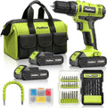 PULITUO 20V Max Cordless Drill/Driver Set with Storage Bag, 2 Batteries, 30Nm, 21+1 Torque, 2 Speed, Keyless 3/8" Chuck, LED Light, Electric Screwdriver Function, Home Kit (Green)