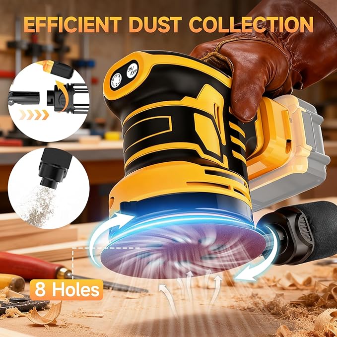 5-Inch Random Orbital Sander, Cordless Sanding Machine Compatible with Dewalt 20V Battery(NO Battery), Brushless Electric Sander with Dust Collector (Light Yellow)