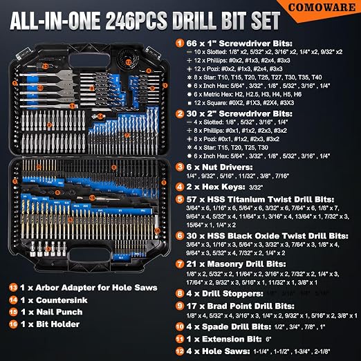 COMOWARE Drill Bit Set, 246 Pcs for Cordless Drill, Drill Driver Bit Set for Wood, Metal, Masonry, Cement and Screwdriver Bits Set Combo Kit