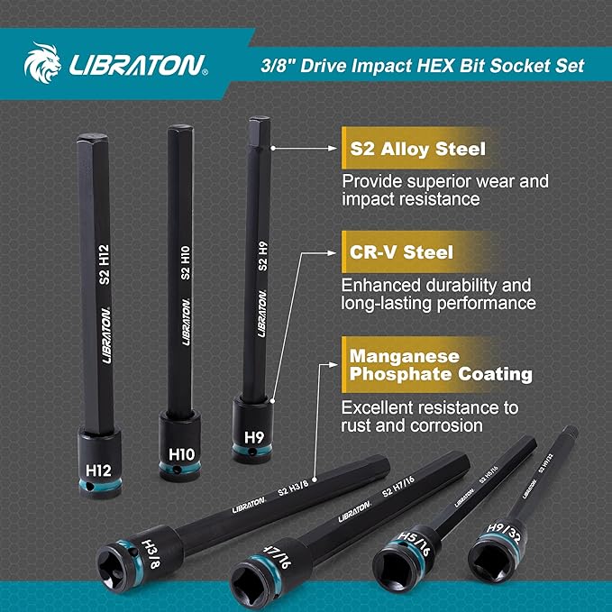 LIBRATON 3/8" Drive Long Impact Hex Bit Socket Set, Allen Bit Sockets | S2 Steel Hex Head Sockets, 20PCS Allen Wrench Socket, SAE&Metric Allen Bit Socket Set, 6" Long Allen Key Socket