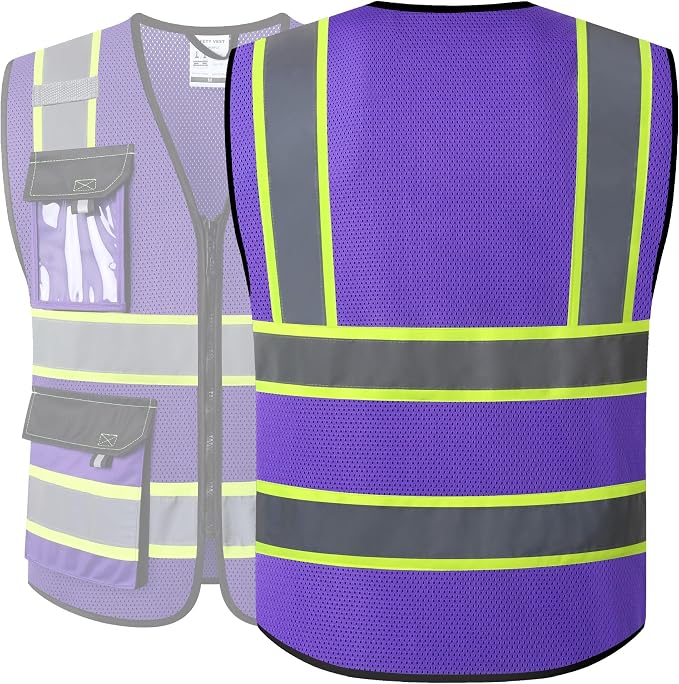 JKSafety Hi Vis Reflective Safety Vests for Men Women High Visibility Vest with Pockets Mesh Fabric Construction Safety Apparel Neon Vest for Work (220-PurpleB XL)