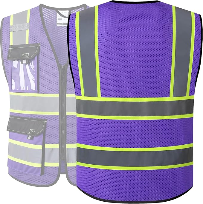 JKSafety Hi Vis Reflective Safety Vests for Men Women High Visibility Vest with Pockets Mesh Fabric Construction Safety Apparel Neon Vest for Work (220-PurpleB L)