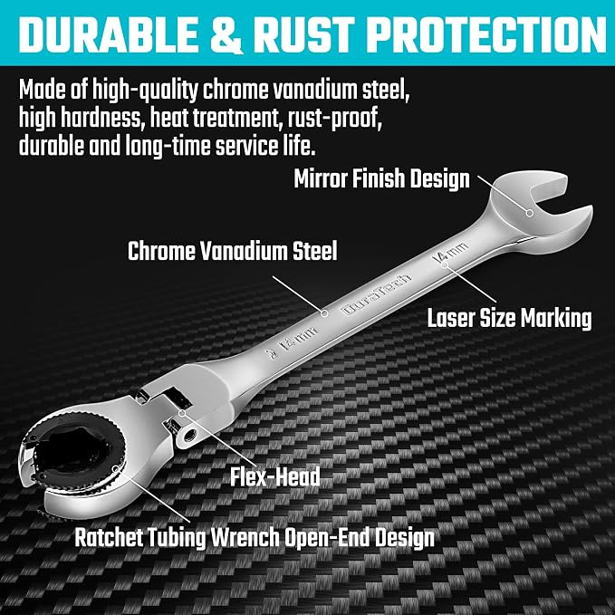DURATECH 7-In-1 Ratcheting Wrench Set with Open Flex-head | Metric Ratcheting Tubing Wrench Set, 8-14mm, 72-Tooth Gear, CR-V Steel, with Tool Box, Gifts for Men
