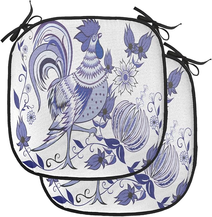 Lunarable Gallus Chair Cushion Pads Set of 2, Floral Pattern with Flowers and Birds Feathers Wings Leaf Ornament Folk Art, Anti-Slip Seat Padding for Kitchen & Patio, 16"x16", Violet Blue White