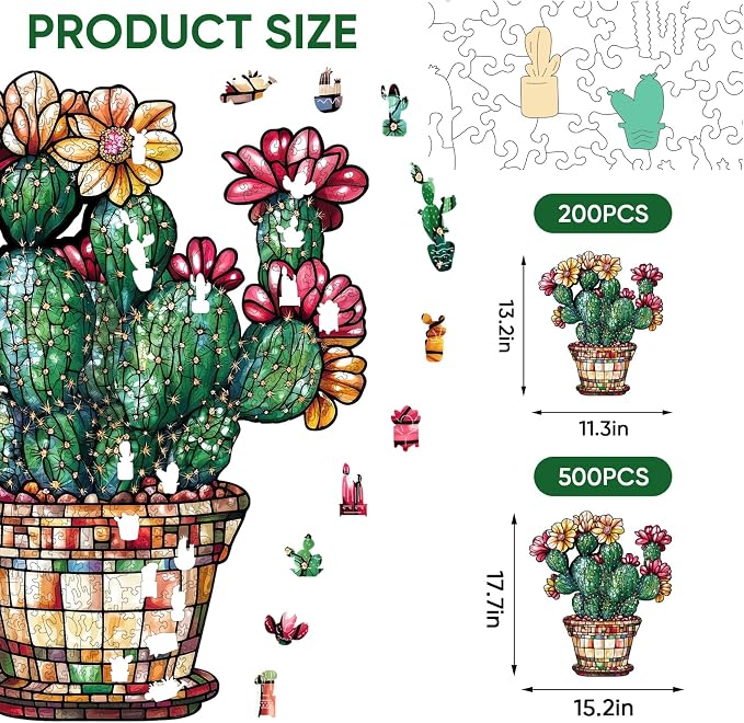 Delobil Stained Glass Cactus Wooden Puzzles for Adults, 200 Pieces Jigsaw Puzzles, Unique Shaped Medium Size Wood Puzzle Gift for Adults and Kids, Family Game 11.3'' x 13.2''