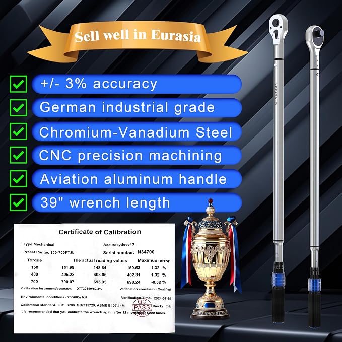 3/4'' 100-700 Ft Lb Torque Wrench Heavy Duty, Dual Direction | High hardness, Long lifetime, Stored In a Solid Case, Quick Release, Cr-V