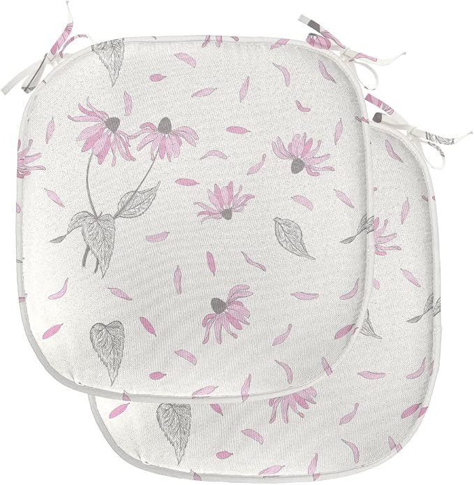 Lunarable Echinacea Chair Seating Cushion Set of 2, Spring Romance Repeating Floral Pattern in Pastel Tones, Anti-Slip Seat Padding for Kitchen & Patio, 16"x16", Off White Pale Pink