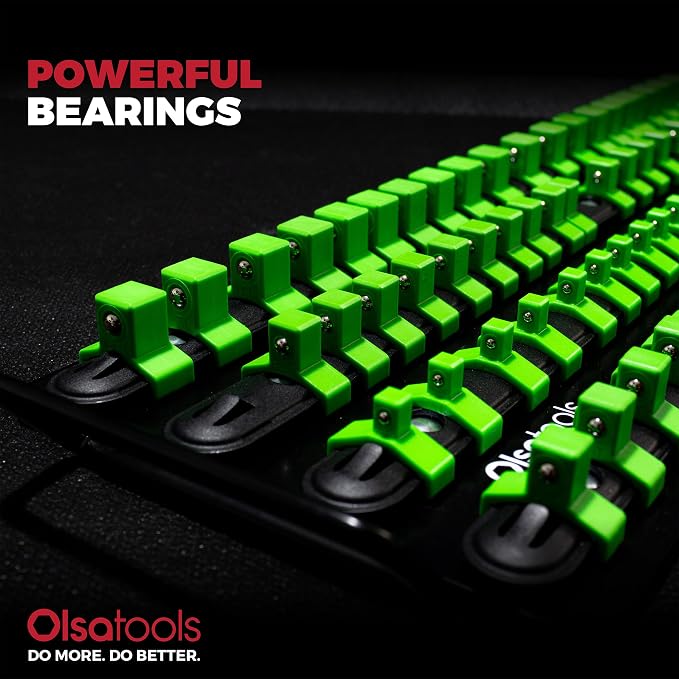 Olsa Tools 80-Slot Portable Socket Organizer Tray With Handle Green/Black | Socket Tray With Clips for 1/4-Inch, 3/8-Inch & 1/2-Inch Drive Sockets - Professional-Grade Tool Organizer - Part: 1024