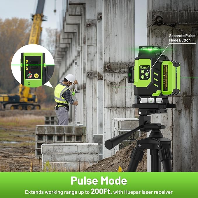 Huepar Laser Level 360 Self Leveling, Rechargeable Green Laser 4x360° Cross Line Lazer Leveler 4D Level Laser Tool for Construction with Two Li-ion Batteries, Magnetic Bracket &Hard Carry Case -LS04CG