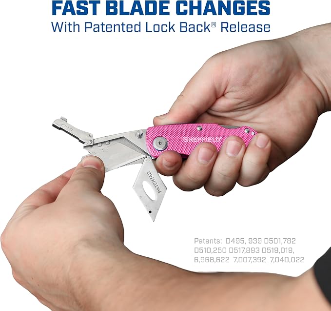 Sheffield 12353 Lock Back Utility Knife 3 Pack with 10 Blades, Quick Change Folding Box Cutter, Aluminum Handle Utility Knives with Pocket Clip, Pink, Purple & Light Blue
