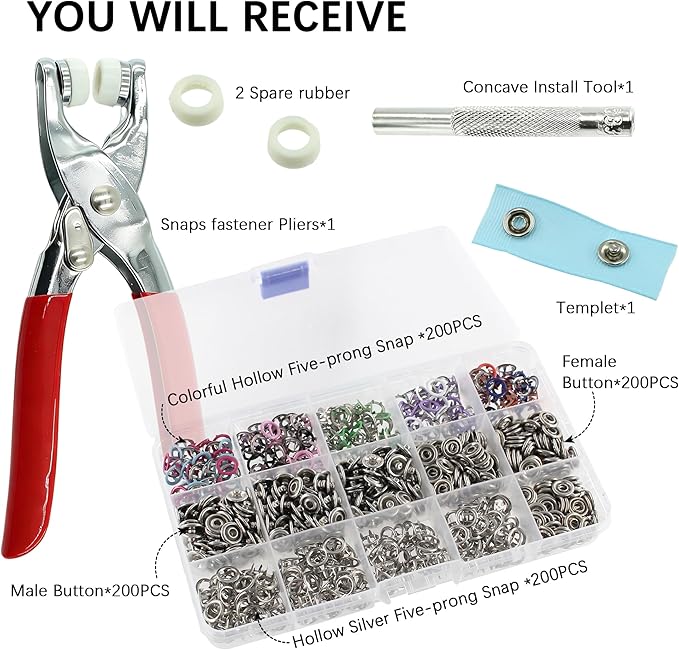 200 Sets Snaps Buttons Fastener kit Hollow Steel Prong Snaps Buttons with Pliers Press Tool for DIY Crafts Clothes Hats Bags Sewing (Hollow)