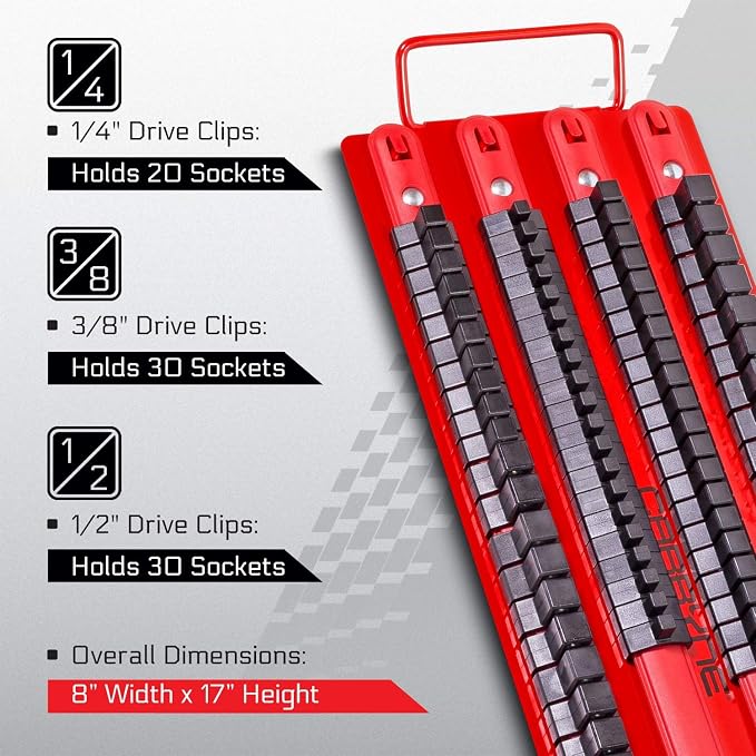 Carbyne 80 Piece Socket Organizer Tray | Fits 1/4-Inch, 3/8-Inch, 1/2-Inch Drive Sockets, Heavy Duty Socket Rail, Red Rails with Black Clips