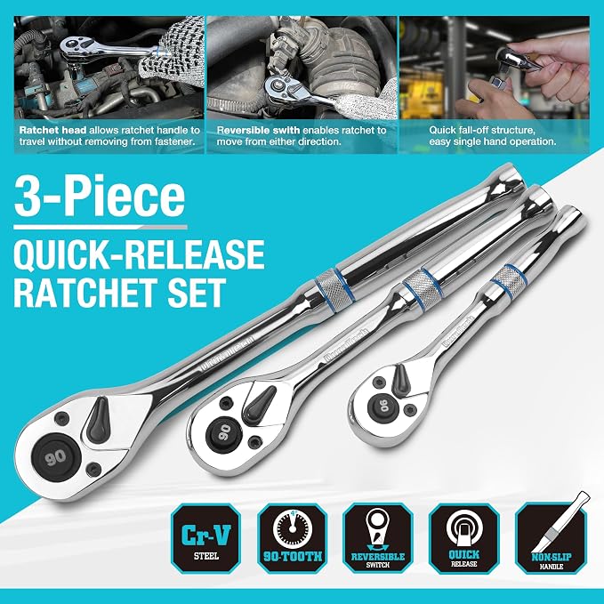 DURATECH 3-Piece Drive Ratchet, 90-Tooth Quick-Release Ratchet Wrench | 1/4", 3/8", 1/2" Socket Wrench for Men Women, Reversible, Cr-V Made, 4° Swing, Full Polished-with Plastic Insert Storage Box