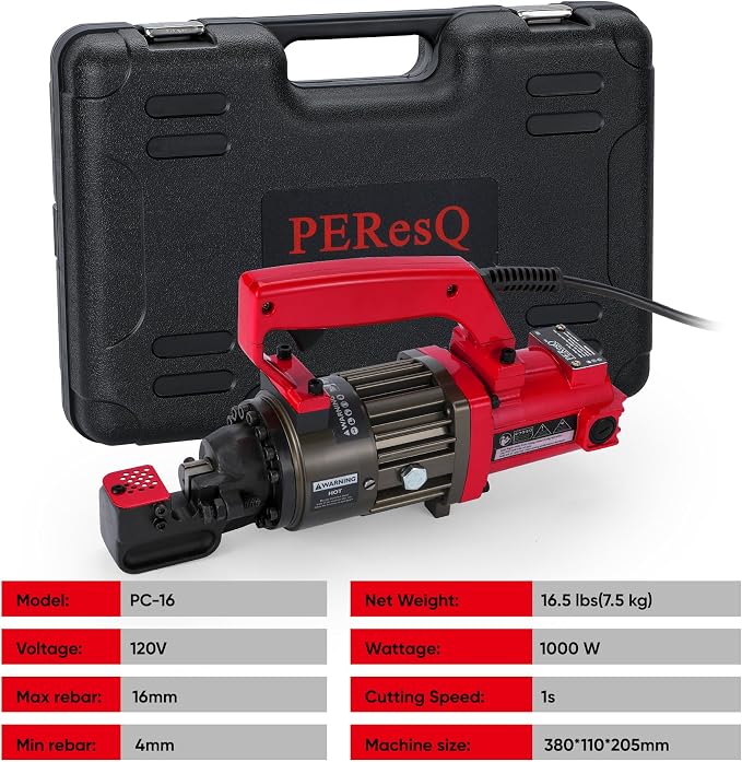 Electric Hydraulic Rebar Cutter, 1000W 120V Corded, Portable Steel Bar Cutter, 5/8" (#5) 4-16mm Capacity,Cutting Speed 1s, Lightweight 16.5 lbs, Model PC-16 (Red-16)
