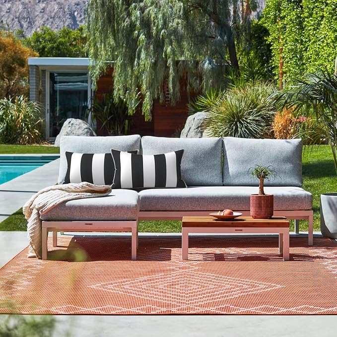 LVTXIII Set of 2 Outdoor Lumbar Pillows for Patio Furniture with White Piping, 12"x20" Fade Resistant Patio Lumbar Pillows with Inserts for Home Coach Sofa Use, Cabana Black