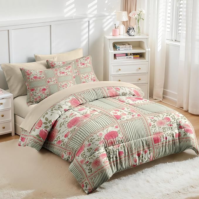Nesker Comforter Set Queen Size, Floral Rose Leaves 7 Pcs Bedding for Kids and Adults, Shabby Chic Checkered Flower Bed Sheet Sets with Fitted Sheet 2 Pillowcases & 2 Shams