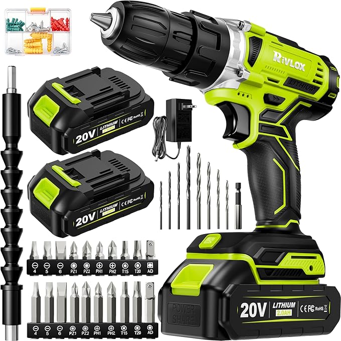 20V Cordless Drill Set,Electric Power Drill Cordless,Power Drill Drivers,Electric Screwdriver - 2.0Ah Batteries, 30Nm，21+1 Torque,2 Speed,34pcs Acessories,Built-in LED,Kit for Home,Green