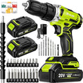 20V Cordless Drill Set,Electric Power Drill Cordless,Power Drill Drivers,Electric Screwdriver - 2.0Ah Batteries, 30Nm，21+1 Torque,2 Speed,34pcs Acessories,Built-in LED,Kit for Home,Green
