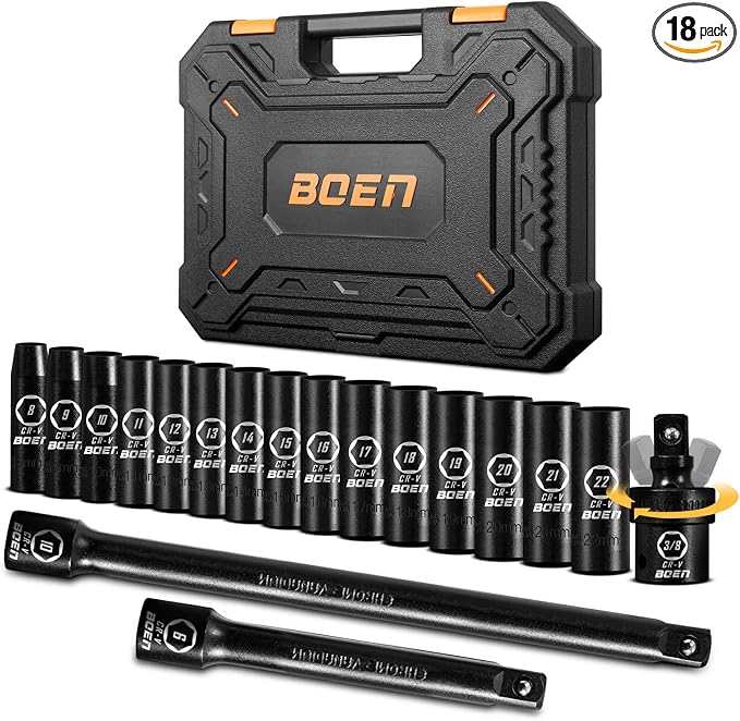 BOEN 3/8" Drive Deep Impact Socket Set, 18 Piece Metric Socket Set 8mm to 22mm, Includes 6", 10" Extension Bars, Universal Joint, 6 Point Design, Cr-V Steel, Heavy Duty Storage Case