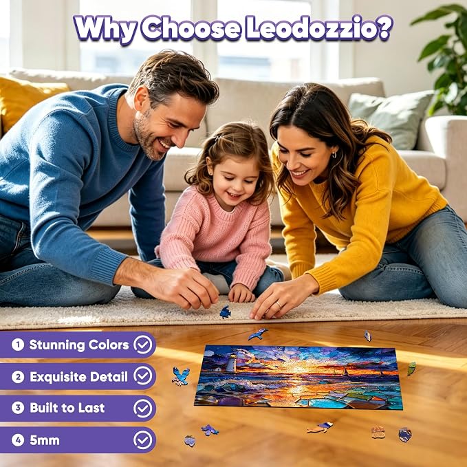 Leodozzio Sunset Lighthouse Wooden Jigsaw Puzzles 500 Pieces, Stained Glass Puzzle, 5MM Thick Unique Shaped Ocean Wooden Puzzle for Adults, Nautical Art Gift, Family Game, 10.7x19 Inch