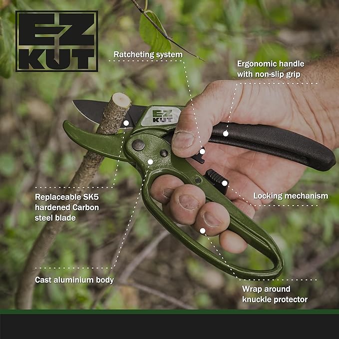 EZ Kut Heavy Duty Ratcheting Pruning Shears Green with Holster and Sharpener, Garden Hand Pruner with Ballistic Nylon Sheath, Arthritis Friendly Anvil Clippers for Thick Branches Cuts Up to 1.5 Inches
