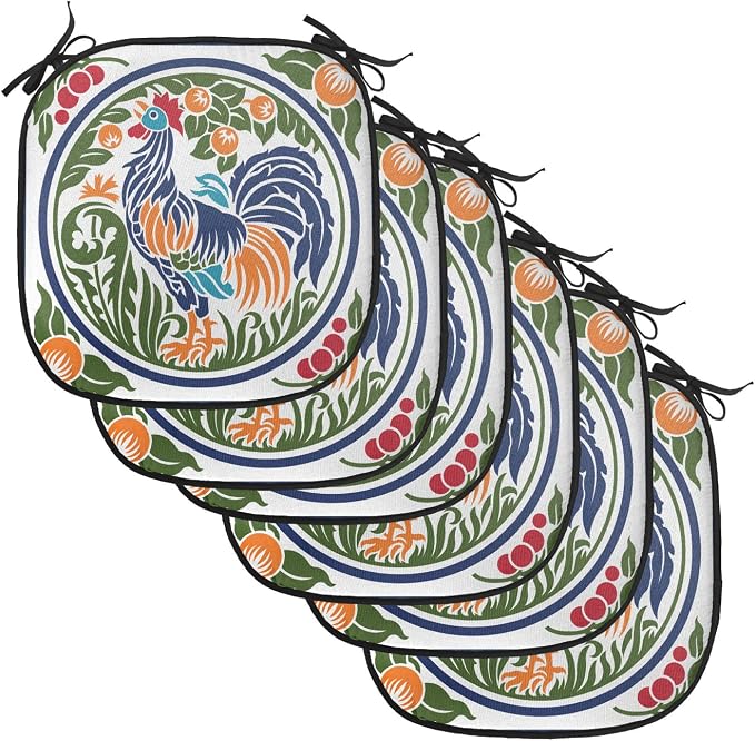 Lunarable Gallus Chair Cushion Pads Set of 6, Rooster Earth Fruit Growth Harvest Dandelion Vegetables, Anti-Slip Seat Padding for Kitchen & Patio, 16"x16", Olive Green Night Blue