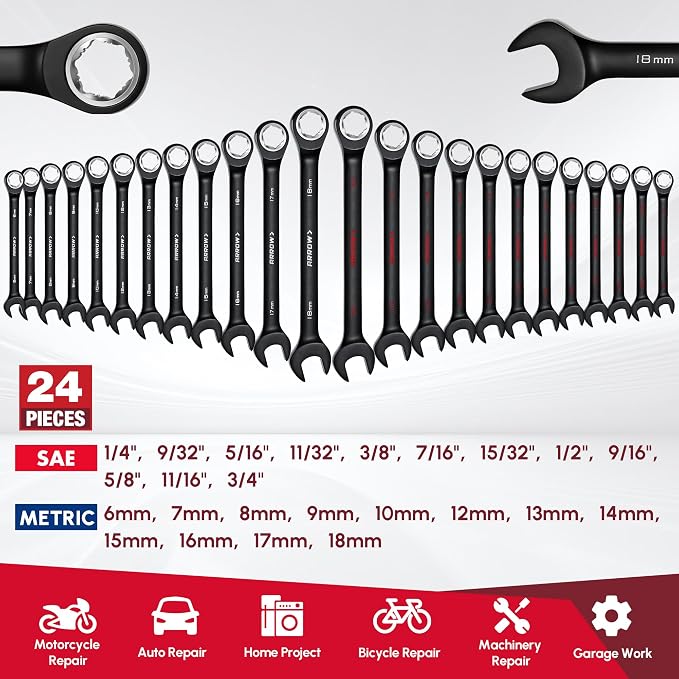 ARROW 24PCS Ratcheting Wrench Set with 2 Magnetic Tool Holders | Metric and Standard, Anti-Slip 6-18mm & 1/4"-3/4" Combination Wrench Set, CRV Material, 72-Teeth, Easy to Carry & Store