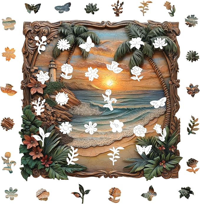 Pikoqunc Seaside Dusk Wooden Puzzles,503 Pieces16.1x15.8 Inches,Laser-Cut Art Jigsaw with Challenging Irregular Pieces,Relaxing Brain Teaser and Elegant Gift for Adults and Puzzle Lovers