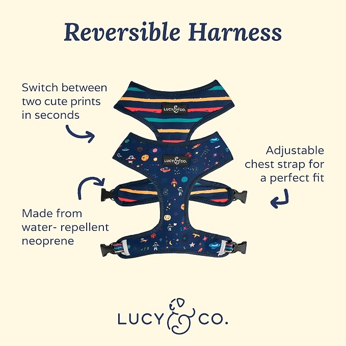 Lucy & Co. Reversible Dog Harness - Water-Repellent Neoprene, Dual-Print Design, Easy Swap Style, Adjustable Comfort Fit - Space Doodle Reversible Harness - Small