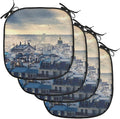 Lunarable Paris Chair Cushion Pads Set of 4, Paris Cityscape from Montmartre Rooftops Flying Bird Pigeons Foggy Sunrise, Anti-Slip Seat Padding for Kitchen & Patio, 16"x16", Dark Blue Yellow