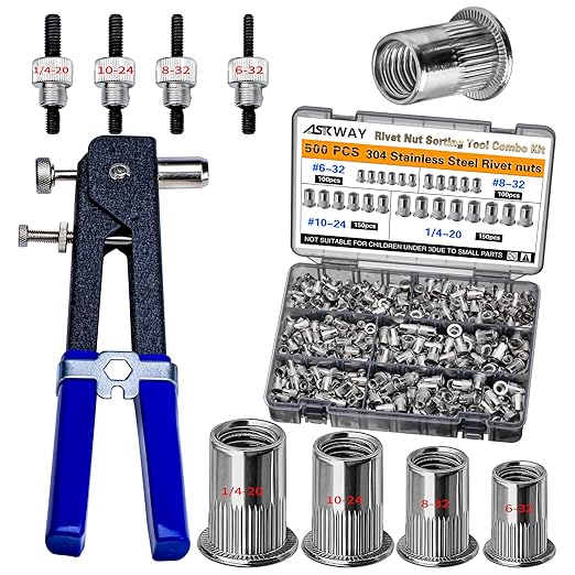 Stainless Steel Imperial Rivet Nut Tool Kit 500pcs, SAE Rivet Nut Combination （1/4-20、10-24、8-32、6-32）, Suitable for Automotive Industrial Applications (ASE Stainless Steel 500pcs)