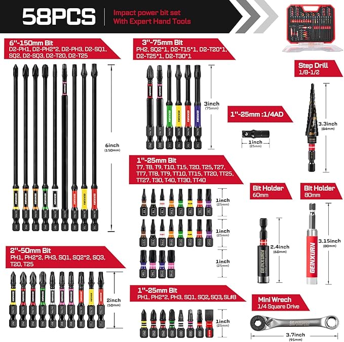 Geinxurn 58Pcs Screwdriver Set Include 53Pcs Impact Screwdriver Bits Set,Mini Wrech,Step Drill, 1/4”Socket Adapter and Impact Bit Extension with Tool Box for Home Repairs DIY