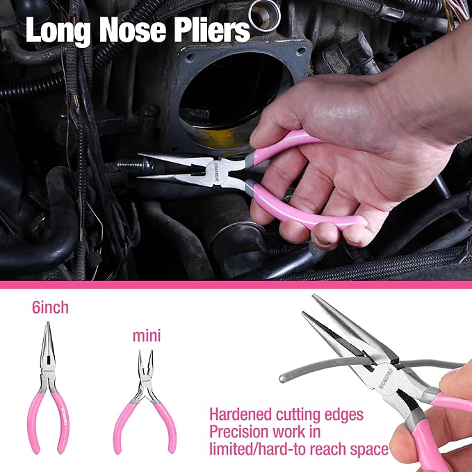 WORKPRO 7-piece Pliers Set with Groove Joint, Long Nose, Slip Joint, Linesman, and Diagonal Pliers for DIY & Home Use - Pink Ribbon