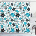 Ambesonne Cartoon Shower Curtain, Stars Shapes Cartoon Illustration Geometry Cheer Celebration, Cloth Fabric Bathroom Decor Set with Hooks, 69" W x 75" L, Petrol Blue Black White