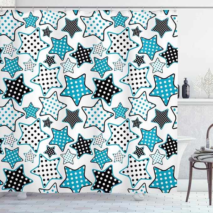 Ambesonne Cartoon Shower Curtain, Stars Shapes Cartoon Illustration Geometry Cheer Celebration, Cloth Fabric Bathroom Decor Set with Hooks, 69" W x 84" L, Petrol Blue Black White