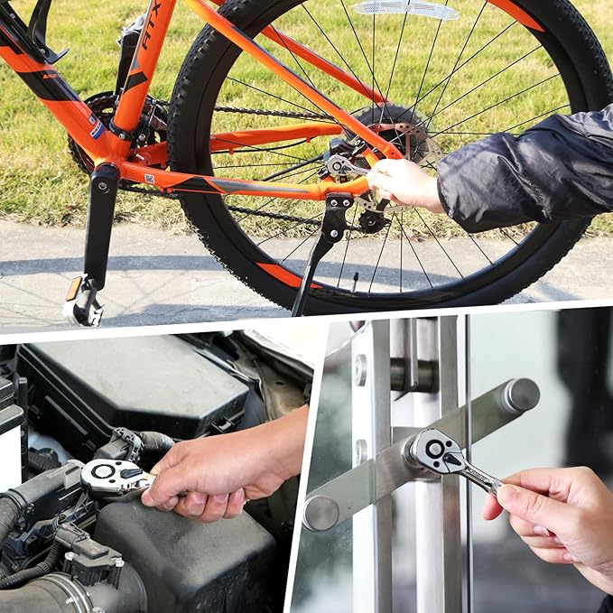 DISEN 3-Piece Stubby Ratchet Set – 1/4", 3/8", 1/2" Drive | 100-Tooth Ratchet with EVA Storage Tray | Quick Release Button | Non-Slip Grip | Reversible 3.6° Design for Tight Spaces, Chrome Finish
