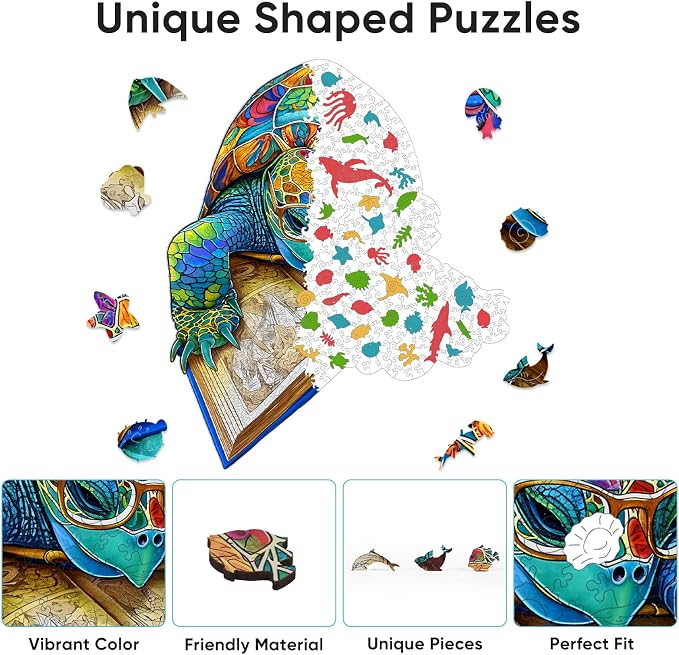 Bovearto 500 Piece Puzzles for Adults, Book Turtle Unique Shape | Wooden Puzzle, Challenging Family Game with Wooden Puzzle Box, Home Decor(16.2"x16.5")