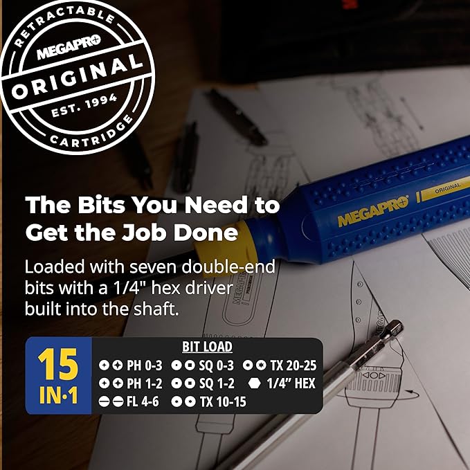 MEGAPRO® 15-in-1 Original Multi-bit Screwdriver | Home DIY & Repair | Construction | Tradeswork | 14 Industrial-grade bit tips | 1/4" Hex Drive in shaft (The Original)