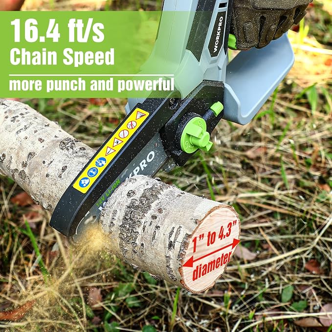 WORKPRO Mini Chainsaw, 6.3" Cordless Electric Compact Chain Saw with 2 Batteries, One-Hand Operated Portable Wood Saw with Replacement Guide Bar and Chain for Garden Tree Branch Pruning, Wood Cutting