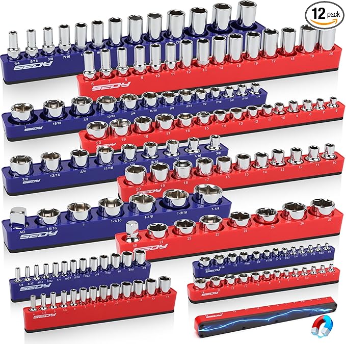 SEDY 12-Piece 1/4" 3/8" 1/2"-Drive SAE & Metric Magnetic Socket Organizer Set (Holds 143 Sockets) -Detachable Tool Tray with 5mm Magnetic Base for Garage/Home(Sockets Not Included)