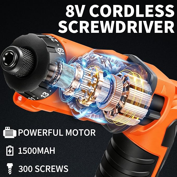 ENERTWIST Cordless Screwdriver, 8V Max 10Nm Electric Screwdriver Rechargeable Set with 82 Accessory Kit and Charger in Carrying Case, 21+1 Cluth, Dual Position Handle, LED Light, ET-CS-8