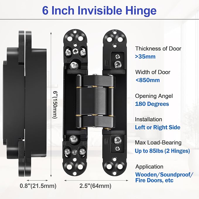 2Kits 6 inch Stainless Steel Hidden Door Hinges -Invisible Hinges for Doors, 180 Degree Swing Concealed Door Hinges, 3 Way Adjustable for Heavy Duty (Black